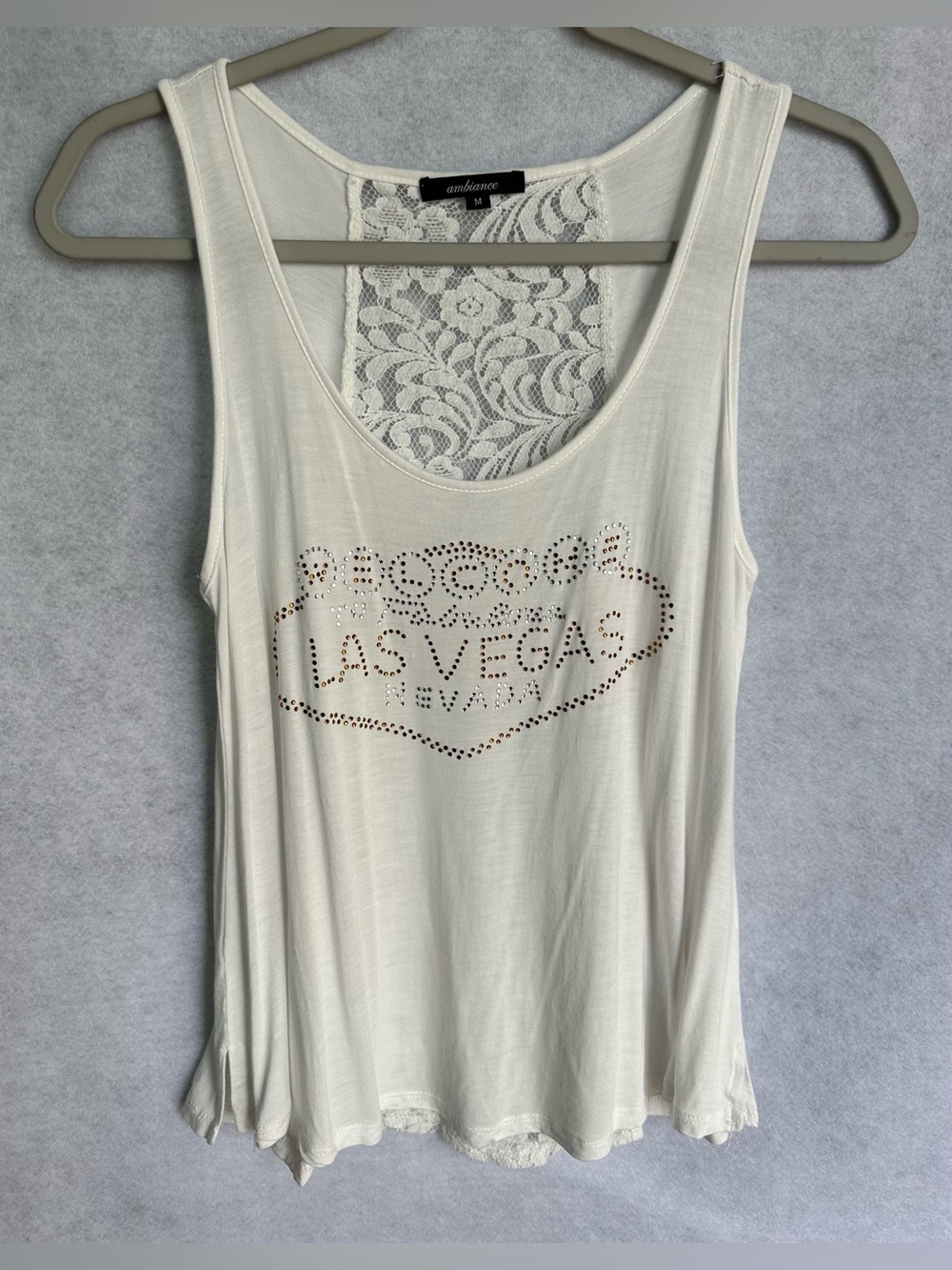 Ambiance Ivory Lace Back Rhinestone Las Vegas Tank Top